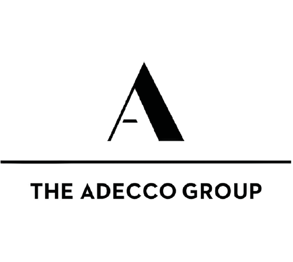 Das Logo der Adecco Group zeigt einen großen stilisierten Buchstaben "A" über einer horizontalen Linie, darunter steht in fetten Großbuchstaben "THE ADECCO GROUP".