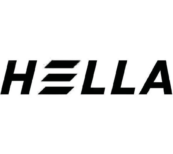 Das Wort "HELLA" in fetten, großgeschriebenen, schwarzen Buchstaben. Der Buchstabe "E" ist mit drei horizontalen schwarzen Balken anstelle der normalen E-Form stilisiert.