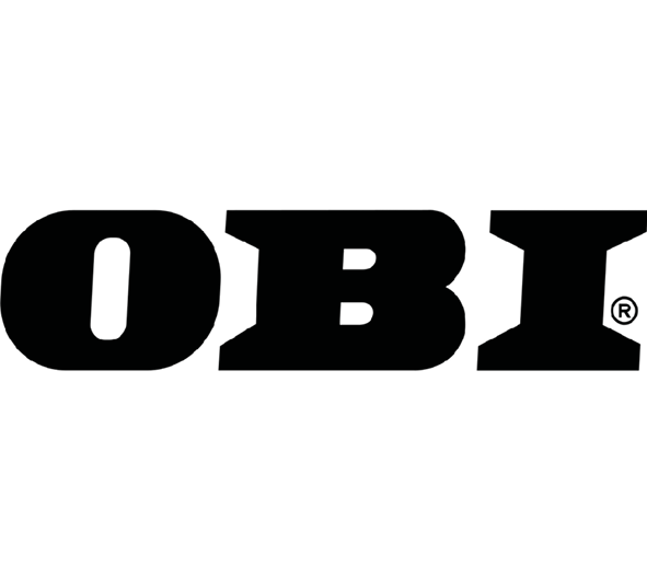 Schwarze, fette Großbuchstaben mit der Aufschrift "OBI" auf weißem Hintergrund, mit einem eingetragenen Markensymbol neben dem Buchstaben "I".