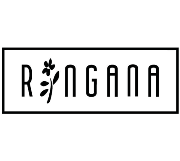 Ein schwarzes und weißes Logo mit dem Wort "RINGANA" in Großbuchstaben, mit einer stilisierten Pflanze, die in den Buchstaben "I" integriert ist, alles innerhalb eines rechteckigen Rahmens.