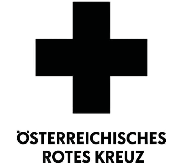 Ein fettes schwarzes Kreuz über dem Schriftzug "Österreichisches Rotes Kreuz" in Großbuchstaben, das für das Österreichische Rote Kreuz steht.