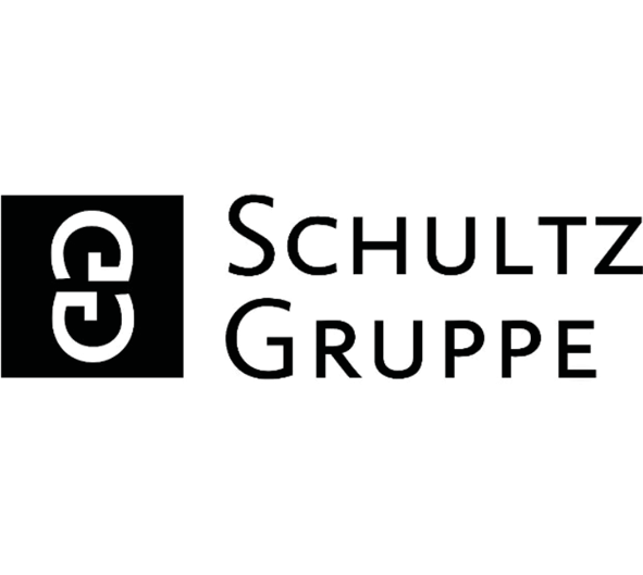 Schwarz-weißes Logo mit einem stilisierten "S" in einem schwarzen Quadrat auf der linken Seite und dem Text "SCHULTZ GRUPPE" in Großbuchstaben auf der rechten Seite.