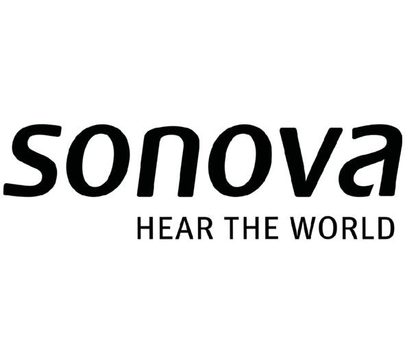 Das Bild zeigt das Sonova Logo mit dem Schriftzug "sonova" in fetten Kleinbuchstaben und dem Slogan "HEAR THE WORLD" in Grossbuchstaben darunter.