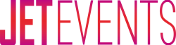 Das Bild zeigt den Text "JET EVENTS" in großen, fetten Großbuchstaben mit einem Farbverlauf von Rot nach Rosa auf einem weißen Hintergrund.